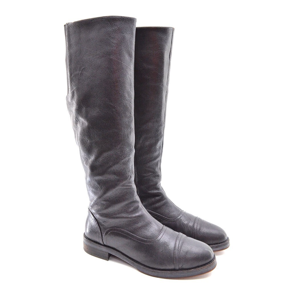 Ophelia Rita Designer Black Leather Riding Knee Boot 37
